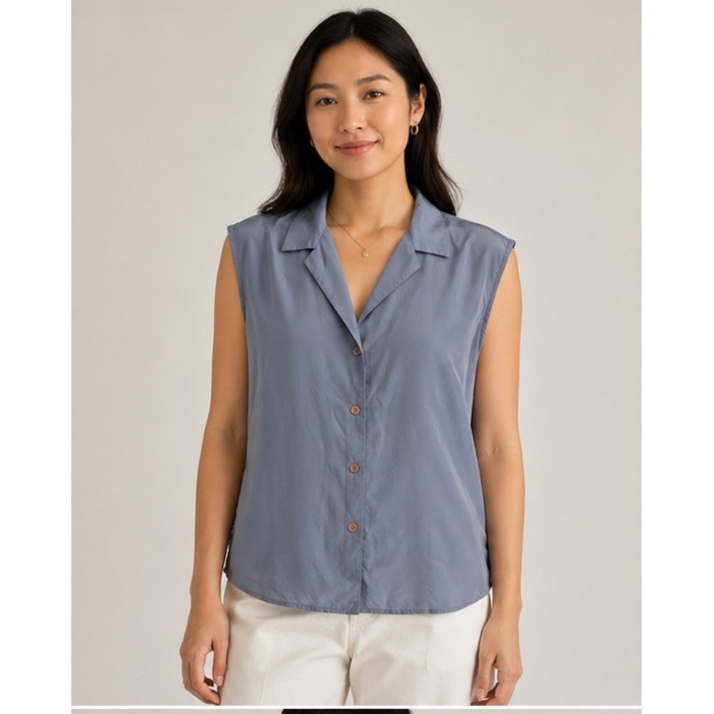 Ann Taylor 100% Silk Chiffon Blue Sleeveless Blouse Size 10 - Picture 2 of 7